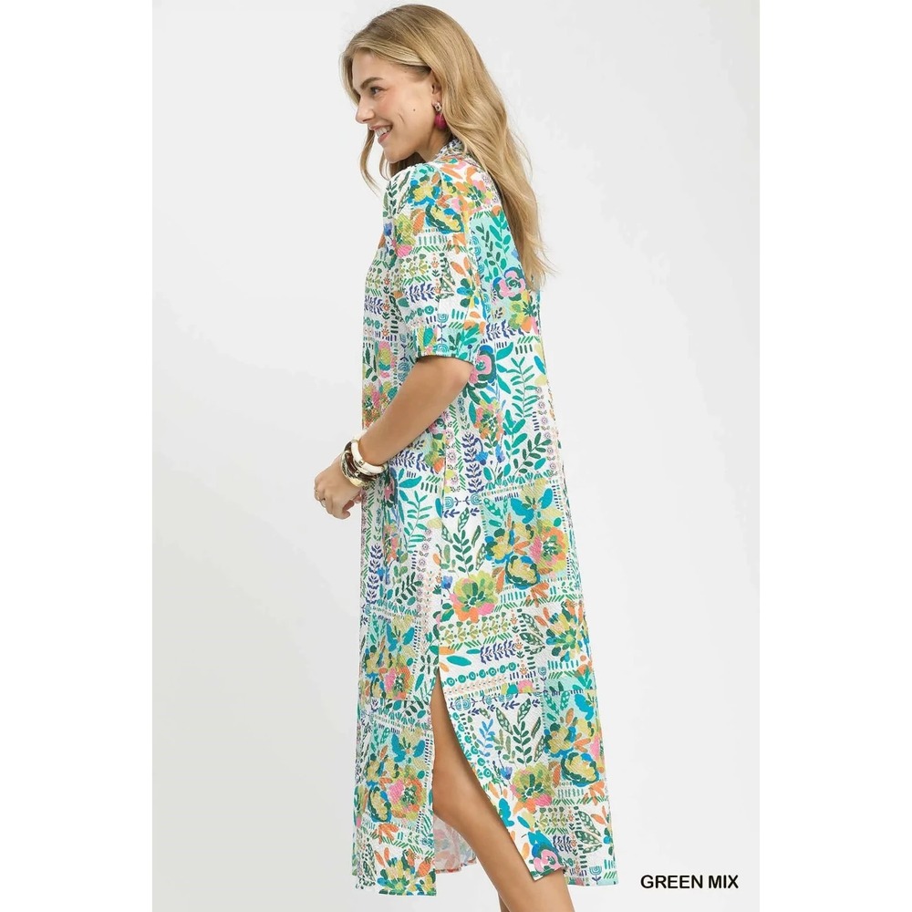 Umgee Folk Print Midi Dress with Side Pockets - Large - Picture 2 of 6